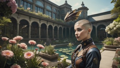 1girl,solo,short hair,jewelry,upper body,flower,earrings,outdoors,sky,day,water,from side,tree,lips,makeup,bird,bug,plant,lipstick,building,butterfly,scenery,pink flower,fantasy,dragon,bald,very short hair,architecture,lily pad,garden,dragonfly,blonde hair,uniform,leaf,piercing,ear piercing,realistic,lotus,mohawk,pond