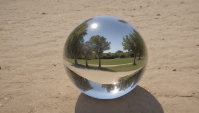 outdoors,sky,day,cloud,water,tree,blue sky,no humans,shadow,sunlight,grass,nature,scenery,reflection,sand,sun,signature,cup,sparkle,road,still life,desert