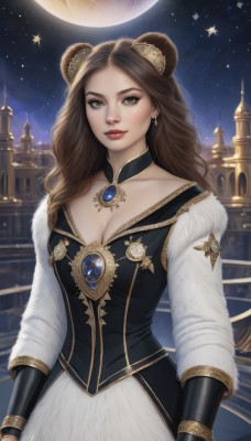 1girl,solo,long hair,breasts,looking at viewer,brown hair,long sleeves,dress,animal ears,cleavage,brown eyes,jewelry,medium breasts,collarbone,earrings,outdoors,sky,choker,artist name,star (symbol),lips,fur trim,makeup,night,watermark,wavy hair,moon,lipstick,brooch,gem,star (sky),night sky,full moon,starry sky,gold trim,realistic,nose,red lips,bear ears,large breasts,necklace,bracelet,stairs,castle