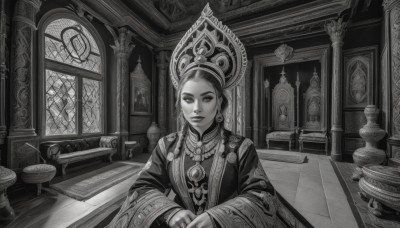 1girl,solo,long hair,looking at viewer,long sleeves,jewelry,sitting,closed mouth,monochrome,upper body,braid,greyscale,earrings,indoors,wide sleeves,necklace,lips,window,chair,table,ring,own hands together,robe,vase,picture frame,statue,painting (object),carpet,dress,mole