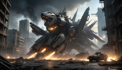 HQ,outdoors,sky,teeth,cloud,military,no humans,glowing,cloudy sky,fire,robot,sharp teeth,ground vehicle,building,mecha,motor vehicle,smoke,science fiction,city,realistic,military vehicle,car,ruins,damaged,skyscraper,debris,destruction,sparks,scenery,road,battle,dust