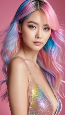 1girl,solo,long hair,breasts,looking at viewer,bangs,simple background,dress,cleavage,bare shoulders,brown eyes,jewelry,medium breasts,closed mouth,blue hair,upper body,pink hair,multicolored hair,earrings,small breasts,sleeveless,from side,two-tone hair,lips,eyelashes,makeup,watermark,pink background,multicolored clothes,personification,realistic,nose,rainbow,rainbow hair,artist name,necklace,wavy hair