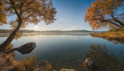 outdoors, sky, day, cloud, water, tree, blue sky, no humans, bird, grass, nature, scenery, reflection, rock, mountain, sun, autumn leaves, river, autumn, landscape, lake