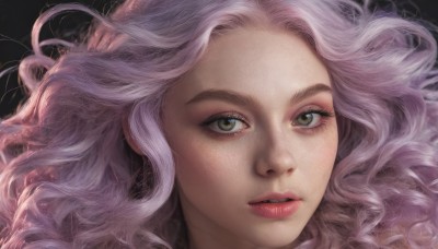 1girl,solo,long hair,looking at viewer,simple background,brown eyes,green eyes,pink hair,parted lips,teeth,lips,eyelashes,makeup,floating hair,wavy hair,portrait,close-up,freckles,curly hair,realistic,nose