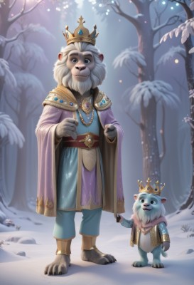 looking at viewer,smile,open mouth,blue eyes,gloves,long sleeves,1boy,animal ears,jewelry,standing,full body,white hair,male focus,outdoors,multiple boys,teeth,belt,artist name,signature,wide sleeves,necklace,cape,tree,facial hair,watermark,crown,gem,child,nature,claws,beard,furry,snow,forest,snowing,furry male,male child,bear,barefoot,solo focus,pants,holding hands,fangs,aged down,web address,robe,anklet,white fur