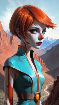 1girl,solo,breasts,looking at viewer,short hair,blue eyes,upper body,red hair,small breasts,outdoors,sky,sleeveless,day,belt,artist name,cloud,orange hair,blue sky,lips,eyelashes,bodysuit,blood,makeup,colored skin,lipstick,gem,injury,blood on face,mountain,nose,red lips,cuts,medium breasts,closed mouth,freckles