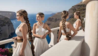 long hair,breasts,multiple girls,skirt,brown hair,dress,bare shoulders,jewelry,medium breasts,very long hair,closed eyes,braid,flower,outdoors,sky,sleeveless,day,3girls,water,white dress,bracelet,lips,hand on hip,single braid,4girls,profile,bird,ocean,halterneck,hands on hips,braided ponytail,mountain,nose,railing,looking afar,lake,1girl,hair ornament,brown eyes,multiple views,pillar