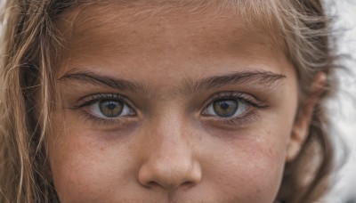 1girl,solo,looking at viewer,blonde hair,simple background,brown hair,white background,brown eyes,blurry,eyelashes,portrait,close-up,freckles,realistic,straight-on,eye focus,1boy,male focus