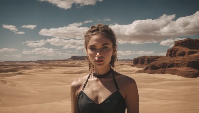 1girl,solo,long hair,breasts,looking at viewer,blue eyes,blonde hair,brown hair,dress,cleavage,bare shoulders,medium breasts,upper body,outdoors,sky,choker,day,cloud,black dress,blue sky,lips,black choker,beach,realistic,sand,desert,short hair,jewelry,collarbone,earrings,signature,halterneck,cloudy sky,scenery,curly hair