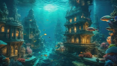 outdoors,water,no humans,window,ocean,animal,sunlight,building,scenery,fish,bubble,light rays,stairs,city,underwater,fantasy,air bubble,watercraft,architecture,sunbeam,ruins,house,turtle,coral