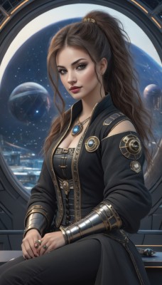 1girl,solo,long hair,breasts,looking at viewer,brown hair,long sleeves,cleavage,brown eyes,jewelry,medium breasts,sitting,ponytail,earrings,pants,signature,necklace,lips,window,makeup,black pants,ring,high ponytail,star (sky),pendant,science fiction,realistic,nose,space,planet,earth (planet),spacecraft,dress,jacket,open clothes,artist name,nail polish,black dress,black jacket,wavy hair,lipstick,gem,black nails,eyeshadow,freckles,multiple rings