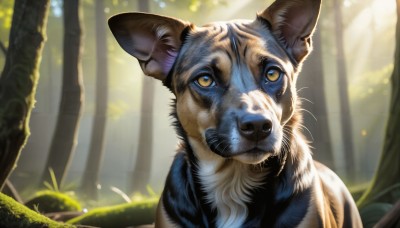 HQ,solo,yellow eyes,outdoors,day,blurry,tree,no humans,animal,sunlight,grass,looking up,nature,forest,light rays,realistic,animal focus,whiskers,looking at viewer,closed mouth,signature,blurry background,portrait,close-up,dog