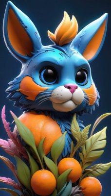 solo,blue eyes,simple background,animal ears,closed mouth,food,artist name,black eyes,gradient,gradient background,no humans,fruit,animal,leaf,blue background,plant,furry,outline,white outline,animal focus,orange (fruit),whiskers,looking at viewer,upper body,watermark,web address,creature,bat ears