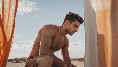 solo,short hair,brown hair,black hair,1boy,jewelry,nipples,closed eyes,male focus,outdoors,sky,shorts,day,cloud,dark skin,necklace,blurry,bracelet,blue sky,muscular,facial hair,dark-skinned male,pectorals,muscular male,bara,beard,topless male,realistic,sand,stubble,undercut,chest hair,sitting,closed mouth,beach,large pectorals,mature male,leg hair,arm hair