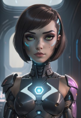 1girl,solo,breasts,looking at viewer,short hair,bangs,brown hair,hair ornament,medium breasts,closed mouth,green eyes,upper body,small breasts,hairclip,artist name,armor,mole,blurry,lips,eyelashes,mole under eye,bodysuit,makeup,blurry background,swept bangs,glowing,lipstick,eyeshadow,freckles,science fiction,nose,android,eyeliner,joints,cyborg,robot joints,neon trim,mascara,cyberpunk,black hair,jewelry,earrings,facial mark,piercing,backlighting,realistic