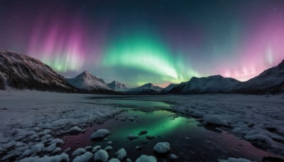 outdoors,sky,water,no humans,night,star (sky),night sky,scenery,starry sky,reflection,rock,mountain,river,landscape,aurora,blurry,tree,grass,snow