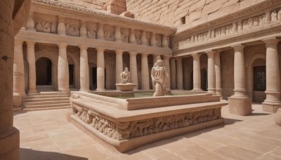 1girl,solo,1boy,outdoors,water,no humans,building,scenery,stairs,architecture,pillar,statue,arch,column,day,sunlight,tile floor,pavement,stone floor,fountain,brick floor