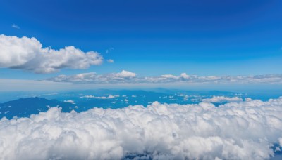 outdoors,sky,day,cloud,blue sky,no humans,bird,ocean,cloudy sky,scenery,blue theme,horizon,landscape,above clouds,monochrome,water,island