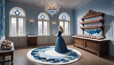 1girl,solo,long hair,blonde hair,long sleeves,dress,holding,standing,food,puffy sleeves,indoors,from behind,cup,window,blue dress,shadow,chair,drill hair,table,curtains,scenery,plate,teacup,cake,wooden floor,long dress,wide shot,ringlets,painting (object),carpet,gown,chandelier,tablecloth,brown hair,braid,day,from side,book,profile,candle,candlestand