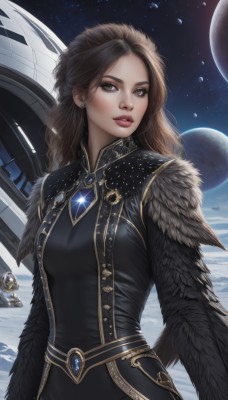 1girl,solo,long hair,breasts,looking at viewer,brown hair,long sleeves,dress,brown eyes,jewelry,earrings,parted lips,sky,belt,artist name,black dress,lips,fur trim,makeup,lipstick,brooch,gem,star (sky),snow,starry sky,gold trim,realistic,nose,red lips,space,planet,earth (planet),feather trim,medium breasts,upper body,bodysuit,feathers,science fiction,black bodysuit,spacecraft