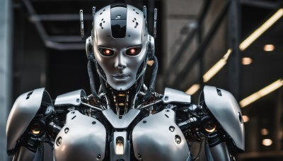 1girl,solo,looking at viewer,red eyes,upper body,blurry,no humans,blurry background,robot,mecha,science fiction,realistic,android,joints,cable,straight-on,cyborg,robot joints,cyberpunk,humanoid robot,armor,lips,orange eyes,glowing,glowing eyes,close-up,machinery