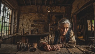 solo,long sleeves,1boy,jewelry,sitting,closed mouth,closed eyes,upper body,white hair,grey hair,male focus,indoors,necklace,cup,book,window,facial hair,scar,chair,table,desk,paper,lamp,candle,photo (object),old,scroll,old man,map,old woman,wrinkled skin,1girl,one eye closed,tree,bandages,bottle,mug,painting (object)