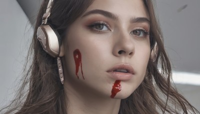 1girl,solo,long hair,looking at viewer,brown hair,brown eyes,parted lips,teeth,artist name,lips,eyelashes,blood,makeup,headphones,portrait,freckles,blood on face,realistic,nose,grey background,close-up,red lips