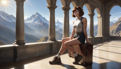 1girl,solo,breasts,short hair,bangs,skirt,brown hair,shirt,bare shoulders,brown eyes,medium breasts,sitting,closed mouth,full body,white shirt,boots,outdoors,sky,shoes,shorts,sleeveless,day,socks,belt,blue sky,lips,blue skirt,bare arms,sleeveless shirt,shadow,arm support,brown footwear,sunlight,bob cut,tank top,white socks,scenery,backlighting,mountain,sun,ankle boots,pillar,suitcase,column,blue eyes,green eyes,collarbone,parted lips,short shorts,black shorts,sneakers,freckles,blue shorts,wide shot,white tank top