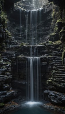 outdoors,water,tree,no humans,sunlight,nature,scenery,rock,stairs,waterfall,cliff,cave,moss,forest,light rays,light,river,landscape,stream