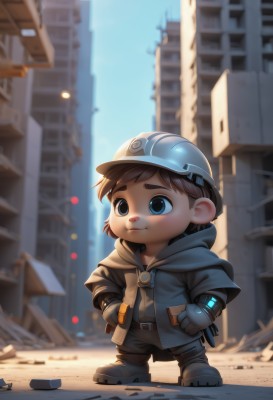 solo,short hair,blue eyes,brown hair,gloves,1boy,hat,closed mouth,standing,jacket,full body,male focus,boots,outdoors,day,belt,artist name,hood,chibi,blurry,blurry background,thick eyebrows,helmet,building,child,hands on hips,city,male child,hood down