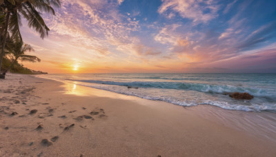 outdoors, sky, cloud, water, tree, dutch angle, no humans, ocean, beach, cloudy sky, scenery, sunset, sand, palm tree, sun, horizon, shore