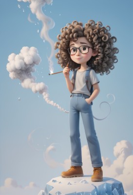 1girl,solo,long hair,smile,simple background,brown hair,shirt,holding,brown eyes,standing,tail,full body,white shirt,short sleeves,shoes,glasses,pants,dark skin,bag,black eyes,lips,blue background,brown footwear,backpack,suspenders,denim,smoke,black-framed eyewear,curly hair,ice,cigarette,hand in pocket,jeans,smoking,blue pants,smoking pipe,holding cigarette,outdoors,sky,cloud,blue sky