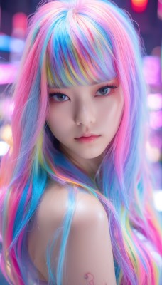 1girl,solo,long hair,looking at viewer,bangs,bare shoulders,closed mouth,blue hair,upper body,pink hair,multicolored hair,sleeveless,artist name,blunt bangs,blurry,black eyes,two-tone hair,lips,grey eyes,eyelashes,tattoo,makeup,depth of field,blurry background,lipstick,eyeshadow,realistic,nose,rainbow hair,from side,streaked hair,watermark,portrait,web address,pink lips,bokeh,mascara