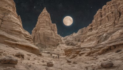 outdoors,sky,no humans,night,traditional media,moon,star (sky),night sky,scenery,full moon,starry sky,rock,sand,ruins,desert