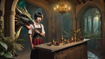 1girl,solo,short hair,bangs,skirt,shirt,black hair,red eyes,holding,standing,white shirt,short sleeves,food,tongue,collared shirt,indoors,armor,black eyes,tree,lips,fruit,red skirt,table,plant,nature,forest,monster,fantasy,dragon,candle,pillar,open mouth,brown eyes,jewelry,teeth,belt,necklace,bracelet,book,makeup,fire,sharp teeth,lipstick,red lips,vase,candlestand