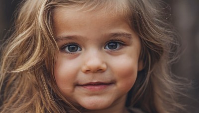 1girl,solo,long hair,looking at viewer,smile,blue eyes,blonde hair,brown eyes,closed mouth,parted lips,blurry,lips,grey eyes,portrait,close-up,realistic,nose,brown hair,eyelashes,messy hair