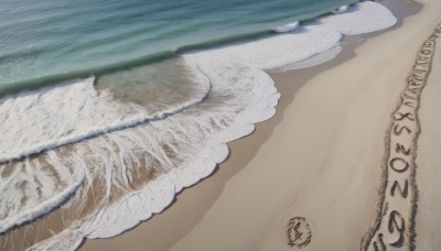 outdoors,sky,day,water,no humans,ocean,beach,scenery,sand,horizon,waves,shore,simple background,signature,traditional media,still life