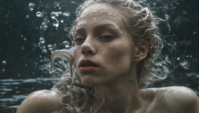 1girl,solo,long hair,looking at viewer,blue eyes,blonde hair,closed mouth,nude,water,lips,wet,grey eyes,looking away,portrait,bubble,underwater,realistic,nose,air bubble,submerged,bare shoulders,white hair,parted lips,blurry,water drop