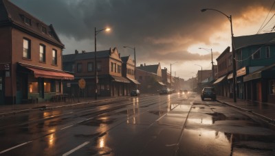 outdoors,sky,cloud,water,no humans,window,cloudy sky,ground vehicle,building,scenery,motor vehicle,reflection,sunset,city,sign,car,road,house,power lines,lamppost,street,utility pole,evening,road sign,puddle,crosswalk,vanishing point,light,bench,twilight,dusk,traffic light,truck,reflective water