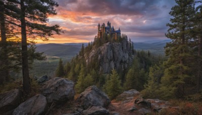 outdoors,sky,cloud,tree,no humans,sunlight,cloudy sky,grass,building,nature,scenery,forest,sunset,rock,mountain,fantasy,river,castle,tower,landscape,cliff,water,blue sky,mountainous horizon,orange sky