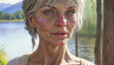 1girl,solo,looking at viewer,short hair,shirt,brown eyes,jewelry,collarbone,white shirt,earrings,outdoors,parted lips,teeth,day,water,blurry,lips,depth of field,blurry background,facial mark,piercing,portrait,reflection,realistic,nose,facepaint,bangs,sky,tree,eyelashes,mountain,lake