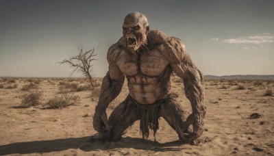 solo,open mouth,1boy,male focus,outdoors,sky,teeth,tree,no humans,kneeling,muscular,abs,topless male,skull,monster,bald,loincloth,horror (theme),desert,standing,full body,cloud,torn clothes,sand,bare tree,zombie,brown theme