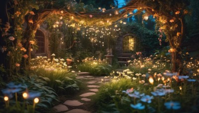 flower,outdoors,sky,blurry,tree,no humans,window,night,depth of field,glowing,leaf,grass,plant,nature,night sky,scenery,forest,lantern,stairs,fantasy,door,light,road,candle,bush,torii,path,blue flower,blurry foreground,vines,mushroom,house