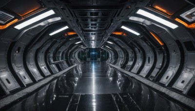 signature,no humans,from above,reflection,science fiction,realistic,cable,space,spacecraft,cockpit,glowing,robot,scenery,machinery,lights