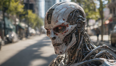 solo, red eyes, outdoors, blurry, from side, no humans, depth of field, blurry background, robot, science fiction, realistic, road, cable, street, cyberpunk, humanoid robot