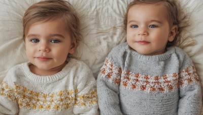 1girl,looking at viewer,short hair,blue eyes,multiple girls,brown hair,2girls,closed mouth,upper body,lying,on back,sweater,lips,siblings,child,realistic,female child,blonde hair,1boy,male focus,multiple views,bed sheet