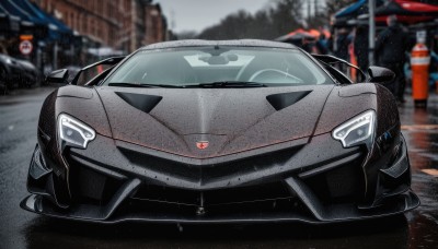 outdoors,blurry,no humans,blurry background,ground vehicle,building,motor vehicle,rain,sign,car,road,vehicle focus,street,road sign,photo background,sports car,wheel