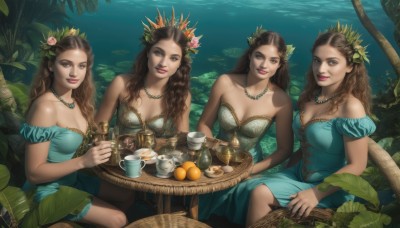 long hair,breasts,looking at viewer,smile,multiple girls,brown hair,hair ornament,dress,holding,cleavage,bare shoulders,brown eyes,jewelry,medium breasts,sitting,closed mouth,collarbone,flower,short sleeves,small breasts,outdoors,food,puffy sleeves,hair flower,3girls,water,necklace,off shoulder,mole,tree,cup,puffy short sleeves,lips,strapless,4girls,makeup,fruit,blue dress,leaf,wavy hair,chair,table,crown,plant,monster girl,holding cup,strapless dress,pink flower,plate,teacup,green dress,underwater,realistic,teapot,mermaid,orange (fruit),pearl necklace,lily pad,aqua dress,braid,artist name,signature,bottle,tray,fish,bowl,off-shoulder dress,basket,seaweed