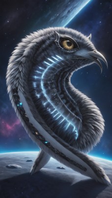 yellow eyes,sky,signature,no humans,bird,animal,feathers,star (sky),colored sclera,science fiction,monster,realistic,space,giant,animal focus,planet,alien,earth (planet),beak,galaxy,solo,glowing,looking up,slit pupils,claws,starry sky,rock,scales,kaijuu