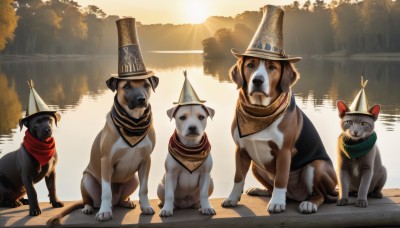 looking at viewer,hat,standing,outdoors,water,scarf,tree,no humans,animal,sunlight,cat,sunset,dog,realistic,sun,animal focus,clothed animal,signature